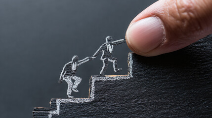 Teamwork makes the dream work as one business person helps another climb the stairs to success. Close-up view of a finger guiding the way.