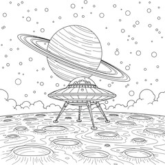 Alien Spaceship Landing on a Cratered Planet A Cosmic Coloring Page