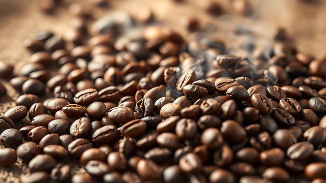 Freshly roasted coffee beans on burlap, steaming with warmth and rich texture.