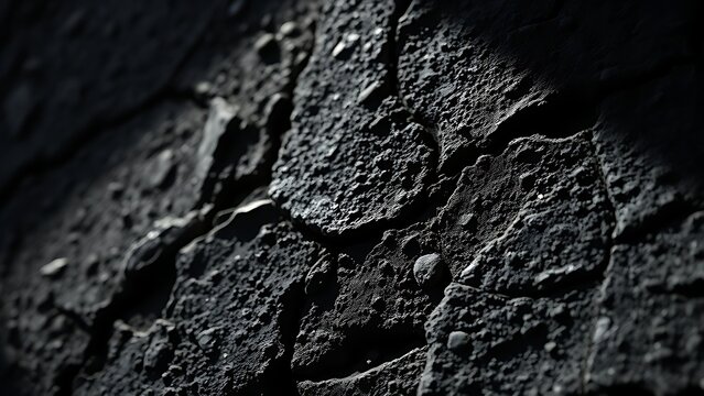 Close-up of rugged black concrete surface with dramatic shadows, an abstract texture study.