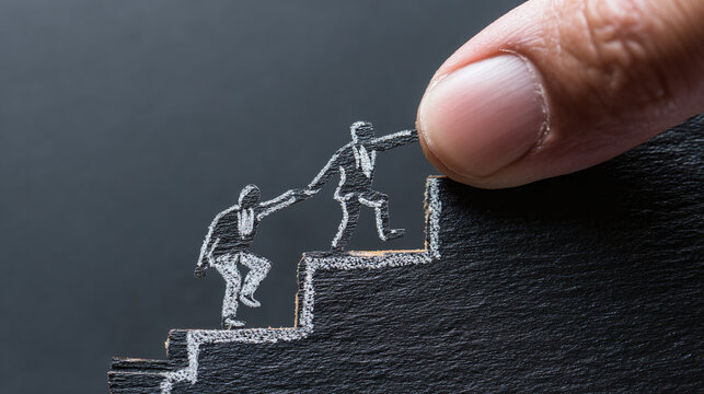 Teamwork makes the dream work as one business person helps another climb the stairs to success. Close-up view of a finger guiding the way.