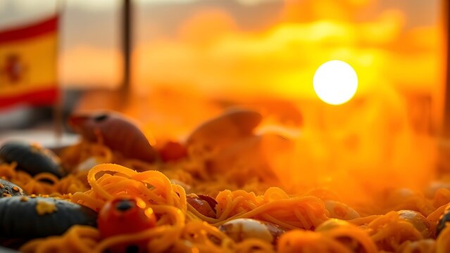 Golden paella with saffron and seafood, steaming against a sunset backdrop, celebrating Spain's rich culinary heritage.