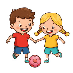 Two children playing a soccer in a cute cartoon illustration