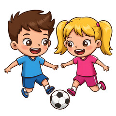 Two kids playing soccer with a ball in action, a joyful and playful scene