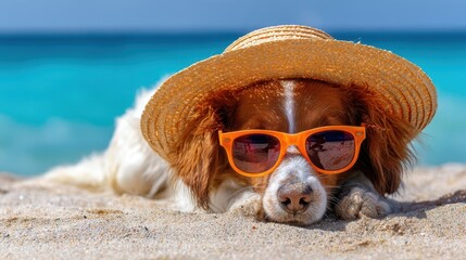 The adorable dog relaxing on the beach with sunglasses and a straw hat.