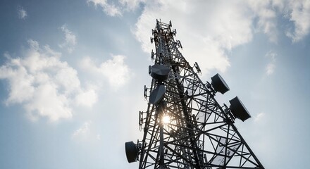 A large communications mobile network tower with multiple antennas, silhouetted against a cloudy sky