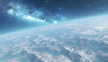 A distant view of a planet, bathed in starlight and a vibrant galaxy.  Vast clouds swirl around mountainous terrain, highlighted by the brilliant cosmic tapestry above