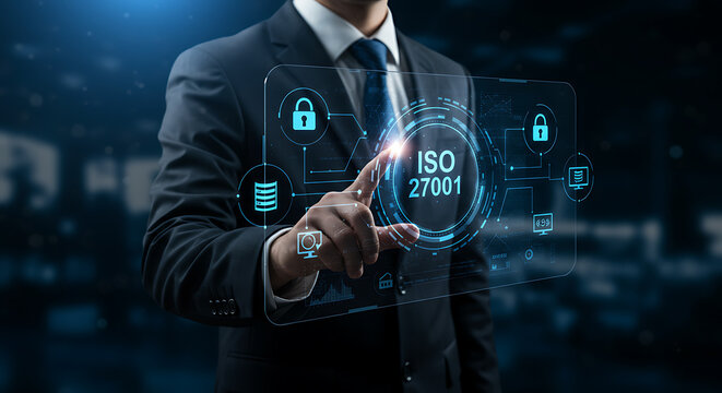ISO 27001 Information Security Management System Certification Concept, Cybersecurity Compliance and Data Protection Standard
