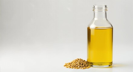A glass bottle of mustard seed oil next to a pile of mustard seeds on a simple white background
