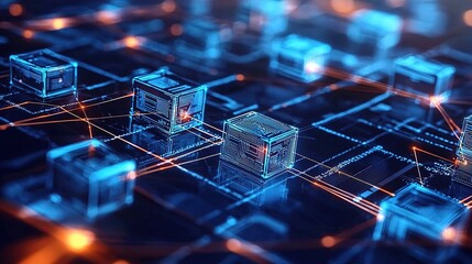 A futuristic digital network with glowing interconnected data blocks, symbolizing advanced technology and information flow.