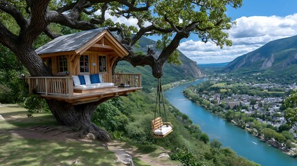 Cozy Treehouse Overlooking Serene River Valley with Scenic View and Relaxing Swing Seat