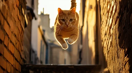 Wandcirkels Smal steegje Jumping ginger cat in narrow alley at sunset  © Yana Zolotova
