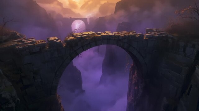 Stone arch bridge over lightning-lit chasm