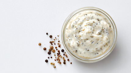 Creamy herb sauce and whole peppercorns are featured against a white backdrop. The smooth sauce contrasts with the peppercorns. Ready to enhance any dish!