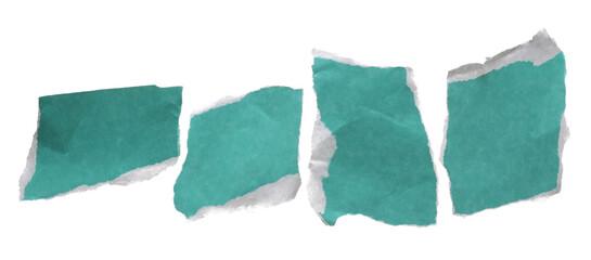 Set torn cyan paper scrap isolated on white, clipping path	