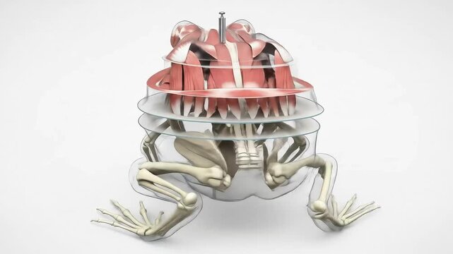Detailed anatomical model of a frog showcasing its skeletal and muscular structure in a clean environment