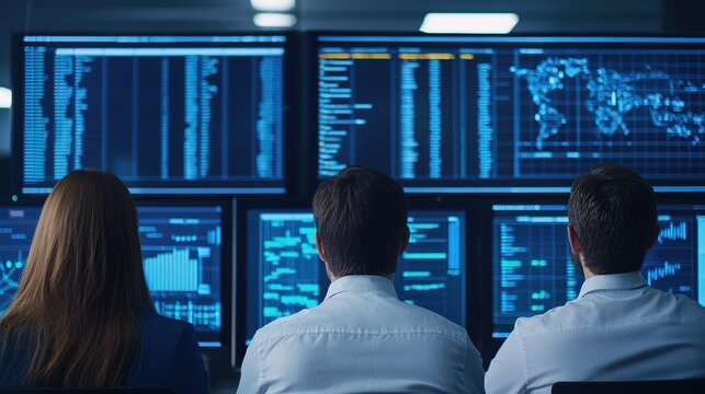 A team analyzes data on multiple screens in a high-tech environment, showcasing a focus on technology and data-driven decision making. - Powered by Adobe