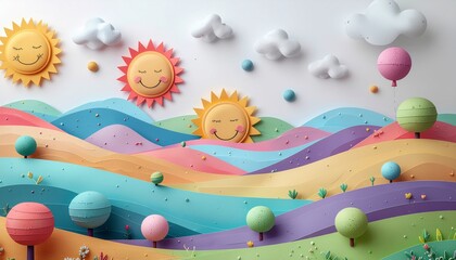 Cheerful cartoon landscape with cute smiling suns over vibrant, rolling rainbow hills in a whimsical and playful 3D illustration style.
