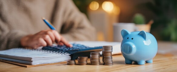 The blue piggy bank alongside a calculator for smart financial planning.