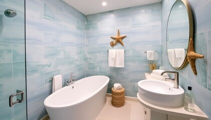 Ocean Inspired A bathroom with an ocean inspired design featurin