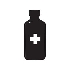 Fototapeta premium Black Medicine Bottle Silhouette with White Cross on a White Background