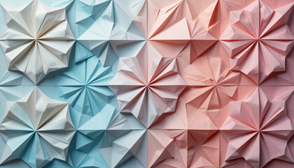 Geometric origami pattern in blue and pink hues creating a textured abstract background design artfully crafted