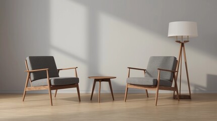 Living room design with empty wall mockup, two wooden chairs on white wall, copy space