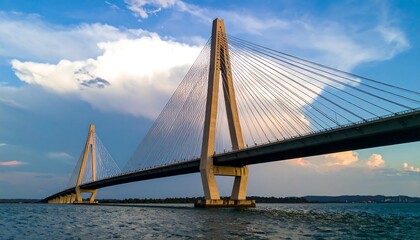 Cable-stayed bridge over water at sunset