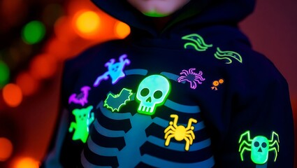 Halloween a person wearing a halloween hoodie with glowing skeleton and spooky figures in a dark setting halloween design 