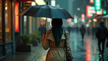 Muslim woman in green hijab walking with umbrella on rainy city street with neon reflections