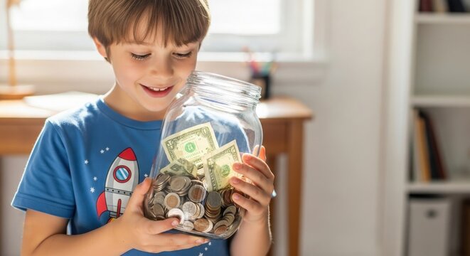 Smiling boy saves money with coins and dollars in his savings jar today
