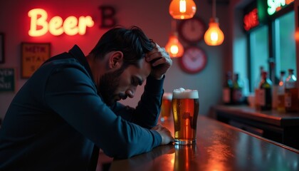 Sad man sitting at bar with beer glass, neon sign in background, moody atmosphere.