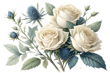 Watercolor bouquet of white roses and blue thistles isolated on transparent background. Flower PNG.