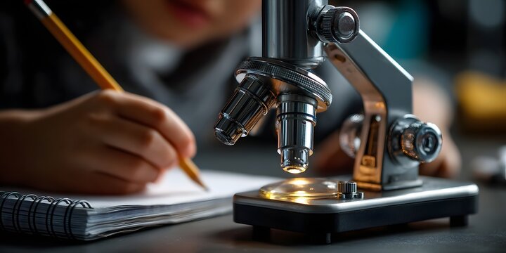 Child Using Microscope with Notebook in School Science Lab, Warm Light and Shallow Focus perfect for STEM education materials, science fair posters, tutoring ads and classroom blog headers - Powered by Adobe