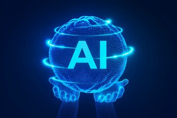 Futuristic ai brain with glowing blue circuits and data streams