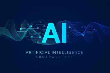 Glowing ai text with abstract digital wave patterns on dark blue background