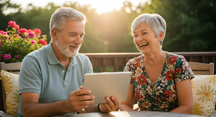 Smiling senior couple sharing a tablet, enjoying the outdoors, and laughing together on a deck.
