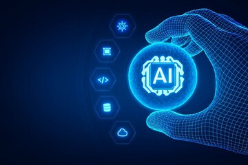 Futuristic ai technology interface with glowing icons and digital hand