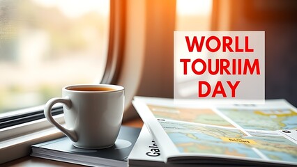 Steaming coffee cup beside a travel guide, with soft morning light and a train compartment view.