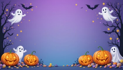 Halloween Abstract Background Featuring Ghosts and Pumpkins in a Spooky Landscape