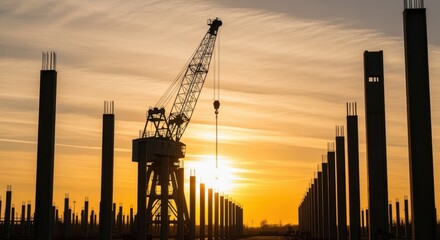 Crane and steel columns in warm sunset industrial scene