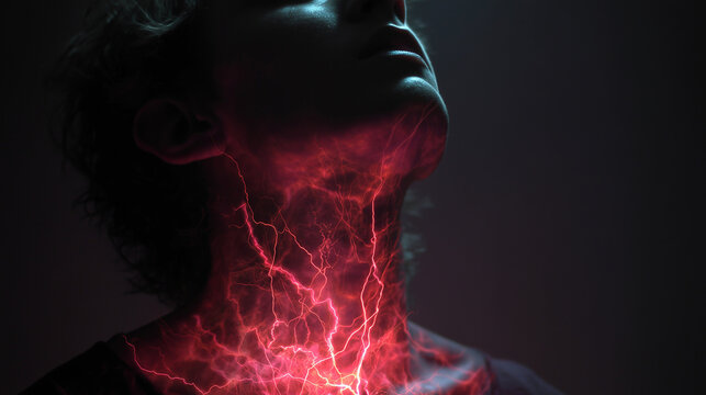 A visceral visualization of anxiety, with glowing red energy showing tightness in the throat.