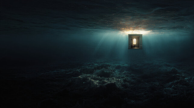 A surreal visualization of the Freudian unconscious mind, with the conscious Ego as a lit door on a dark ocean.