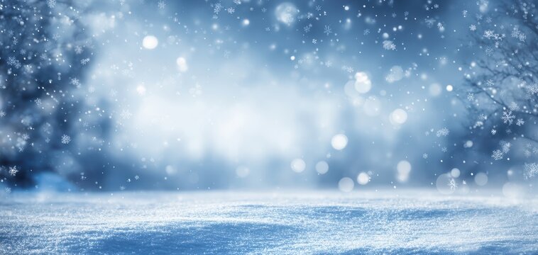 The enchanting winter landscape with softly falling snowflakes and shimmering light.