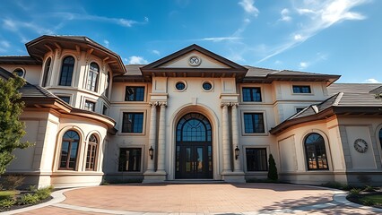 Fototapeta premium Elegant residence entrance with architectural details under a clear blue sky, exuding luxury.
