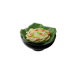 A stylized bowl of noodles presented atop a large green leaf, resting in a black bowl