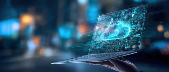 The laptop displaying a digital cloud network in an urban environment.