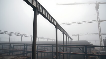 Steel beams rise through morning fog at a construction site, creating a striking diagonal composition.