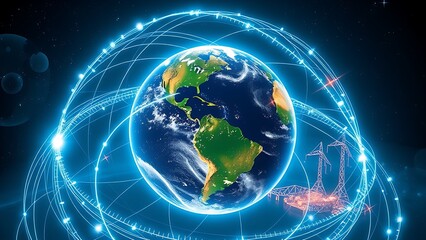 Earth rotates with glowing energy lines connecting to futuristic power stations.