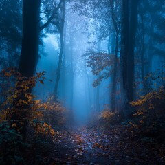 Obraz premium Foggy Forest with Fall Pumpkins in Enchanted Landscape